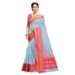 Women's Kota Doria Cotton Bordered Saree With Blouse (Sky Blue, 5-6 Mtrs)