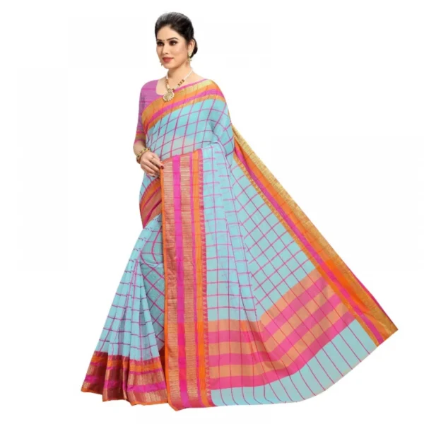 Women's Kota Doria Cotton Bordered Saree With Blouse (Sky Blue, 5-6 Mtrs)