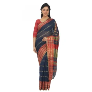 Women's Cotton Silk Saree With Blouse (Navy Blue, 5-6 Mtrs)