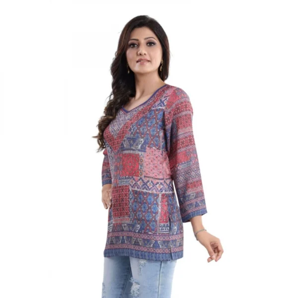 Women's Quarter Sleeve Faux Crepe Printed Short Kurti Tunic Top (Color:Multicolor)