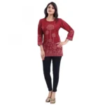 Women's Quarter Sleeve Faux Crepe Printed Short Kurti Tunic Top (Color:Maroon)