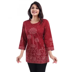 Women's Quarter Sleeve Faux Crepe Printed Short Kurti Tunic Top (Color:Maroon)