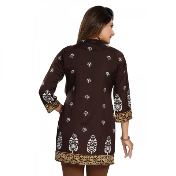 Women's Quarter Sleeve Faux Crepe Printed Short Kurti Tunic Top (Color:Brown)