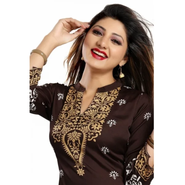 Women's Quarter Sleeve Faux Crepe Printed Short Kurti Tunic Top (Color:Brown)