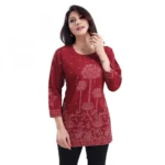 Women's Quarter Sleeve Faux Crepe Printed Short Kurti Tunic Top (Color:Maroon)