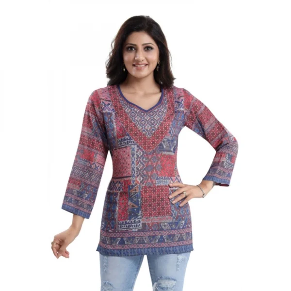 Women's Quarter Sleeve Faux Crepe Printed Short Kurti Tunic Top (Color:Multicolor)