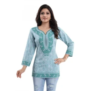 Women's Quarter Sleeve Faux Crepe Printed Short Kurti Tunic Top (Color:Blue)