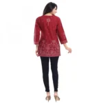 Women's Quarter Sleeve Faux Crepe Printed Short Kurti Tunic Top (Color:Maroon)