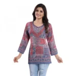 Women's Quarter Sleeve Faux Crepe Printed Short Kurti Tunic Top (Color:Multicolor)