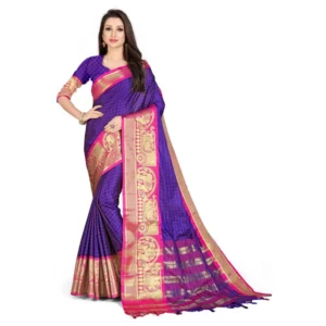 Women's Cotton Silk Saree With Blouse (Blue, 5-6Mtrs)