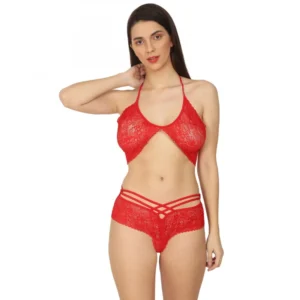 Women's Lace Special Moment Designer Red Lingerie Set (Red)