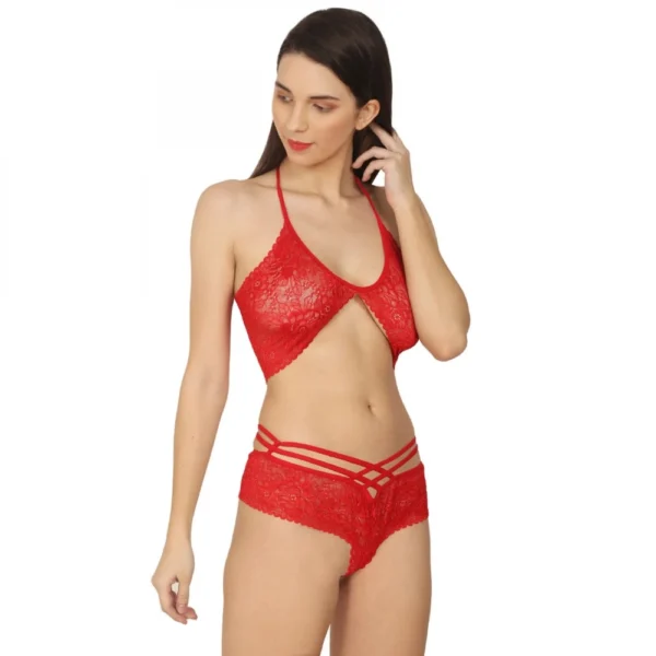 Women's Lace Special Moment Designer Red Lingerie Set (Red)