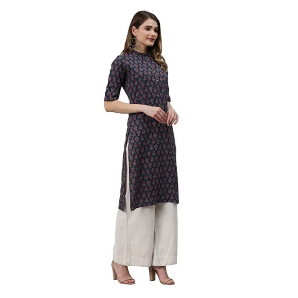 Women's Cotton Printed Straight Kurti (Navy Blue, Cotton)