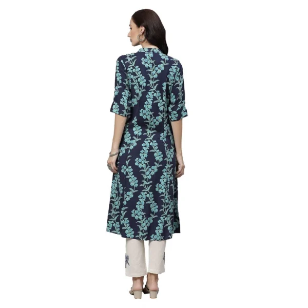 Generic Women's Cotton Printed A Line Kurti (Blue, Cotton)