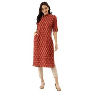 Generic Women's Cotton Printed Straight Kurti (Red, Cotton)