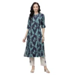 Generic Women's Cotton Printed A Line Kurti (Blue, Cotton)