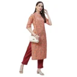 Women's Cotton Printed Straight Kurti (Peach, Cotton)