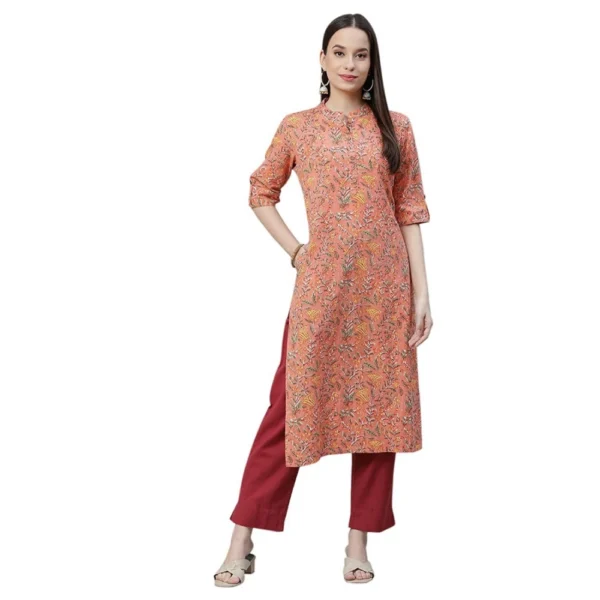 Women's Cotton Printed Straight Kurti (Peach, Cotton)