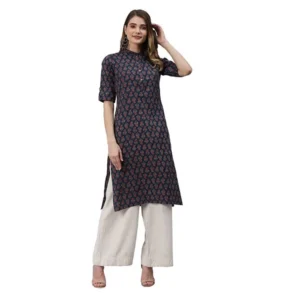 Women's Cotton Printed Straight Kurti (Navy Blue, Cotton)