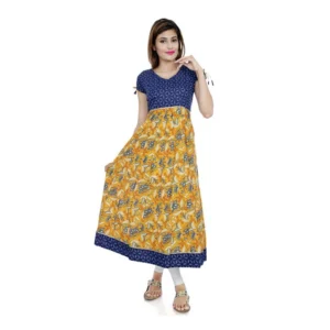 Women's Cotton Printed Long Kurti (Mustard, Blue, Cotton)