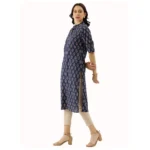 Generic Women's Cotton Printed Straight Kurti (Navy Blue, Cotton)