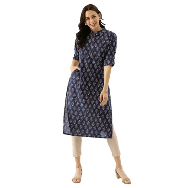 Generic Women's Cotton Printed Straight Kurti (Navy Blue, Cotton)