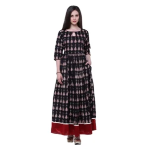 Women's Cotton Printed Anarkali Kurti (Black, Cotton)