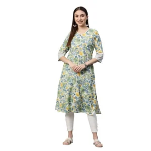 Women's Cotton Printed  Straight Kurti (White, Green, Cotton)