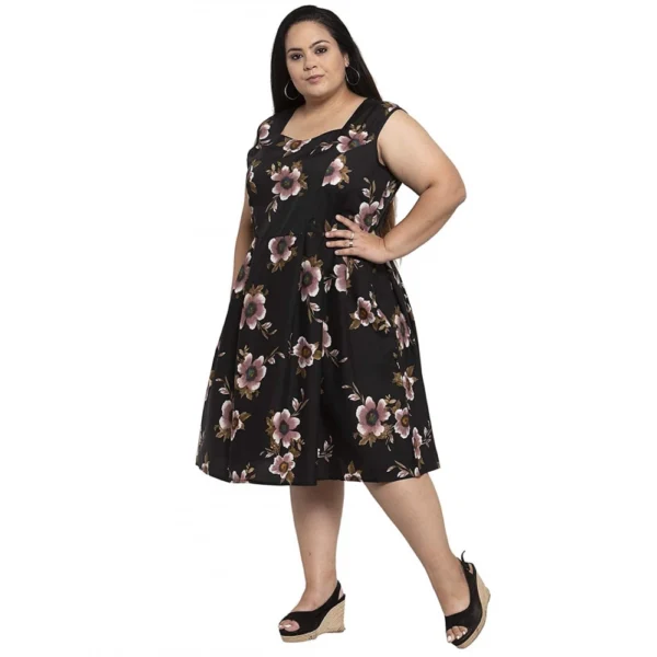 Women's Crepe Printed Knee Length Fit and Flare Dress (Black)