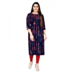 Women's Rayon Foil Printed Straight Kurti (NavyVlue)