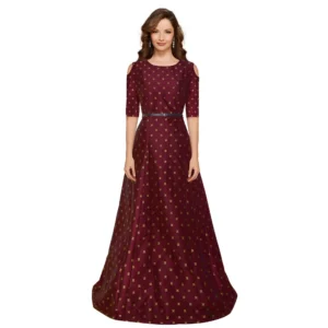 Generic Women's Jquared with Taffeta Silk Western Wear Flare Long Gown (Maroon)