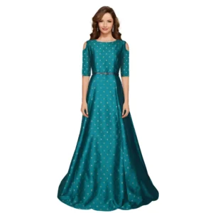 Generic Women's Jquared with Taffeta Silk Western Wear Flare Long Gown (Sea Green)