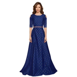 Generic Women's Jquared with Taffeta Silk Western Wear Flare Long Gown (Blue)