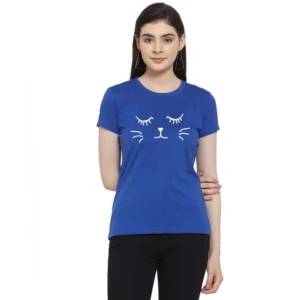 Women's Cotton Blend Graphic Cat Printed T-Shirt (Blue)