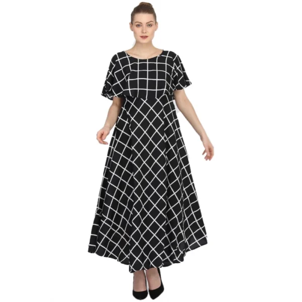 Women's Crepe Checked Half Sleeves Full Length Gown(Black)