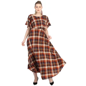 Women's Crepe Checked Half Sleeves Full Length Gown(Multi)