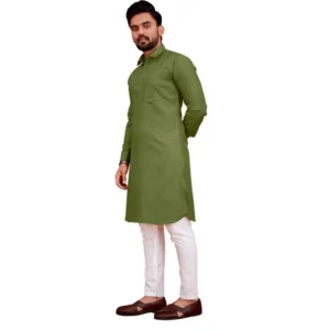 Men's Cotton Blend Solid Full Sleeve Knee Length Kurta (Green)