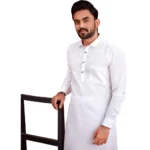 Men's Cotton Blend Solid Full Sleeve Knee Length Kurta (White)