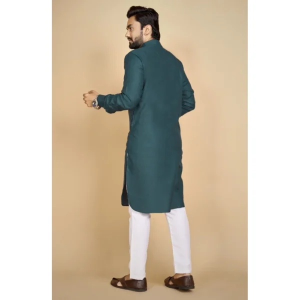 Men's Cotton Blend Solid Full Sleeve Knee Length Kurta (Green)