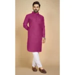 Men's Cotton Blend Solid Full Sleeve Knee Length Kurta (Pink)