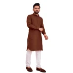 Men's Cotton Blend Solid Full Sleeve Knee Length Kurta (Brown)