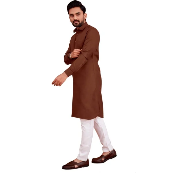 Men's Cotton Blend Solid Full Sleeve Knee Length Kurta (Brown)