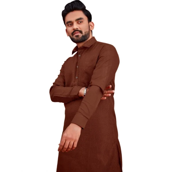 Men's Cotton Blend Solid Full Sleeve Knee Length Kurta (Brown)