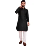 Men's Cotton Blend Solid Full Sleeve Knee Length Kurta (Black)