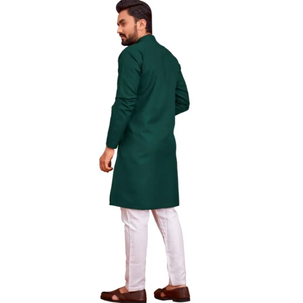 Men's Cotton Blend Solid Full Sleeve Knee Length Kurta (Dark Green)