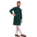 Men's Cotton Blend Solid Full Sleeve Knee Length Kurta (Dark Green)