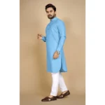 Men's Cotton Blend Solid Full Sleeve Knee Length Kurta (Light Blue)