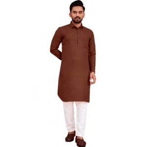 Men's Cotton Blend Solid Full Sleeve Knee Length Kurta (Brown)