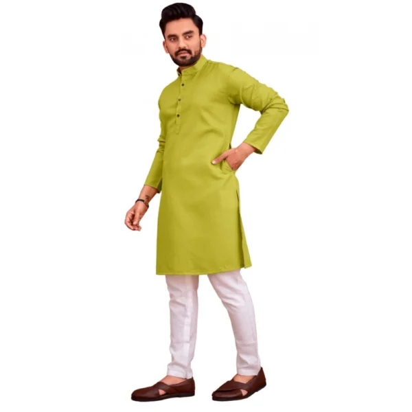 Men's Cotton Blend Solid Full Sleeve Knee Length Kurta (Green)