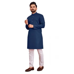 Men's Cotton Blend Solid Full Sleeve Knee Length Kurta (Dark Blue)